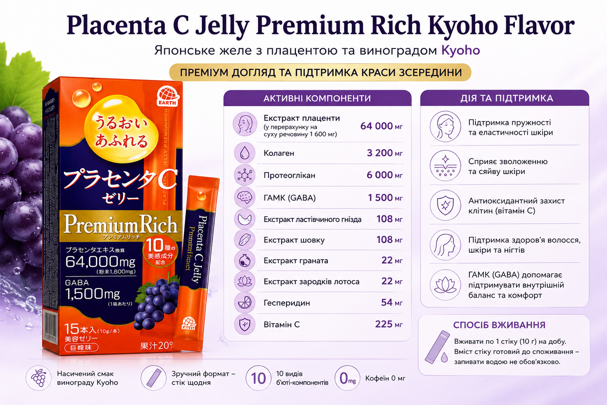 Earth Японська плацента у формі желе зі смаком винограду Placenta C Jelly Premium Rich Kyoho Flavor  - JapanTrading