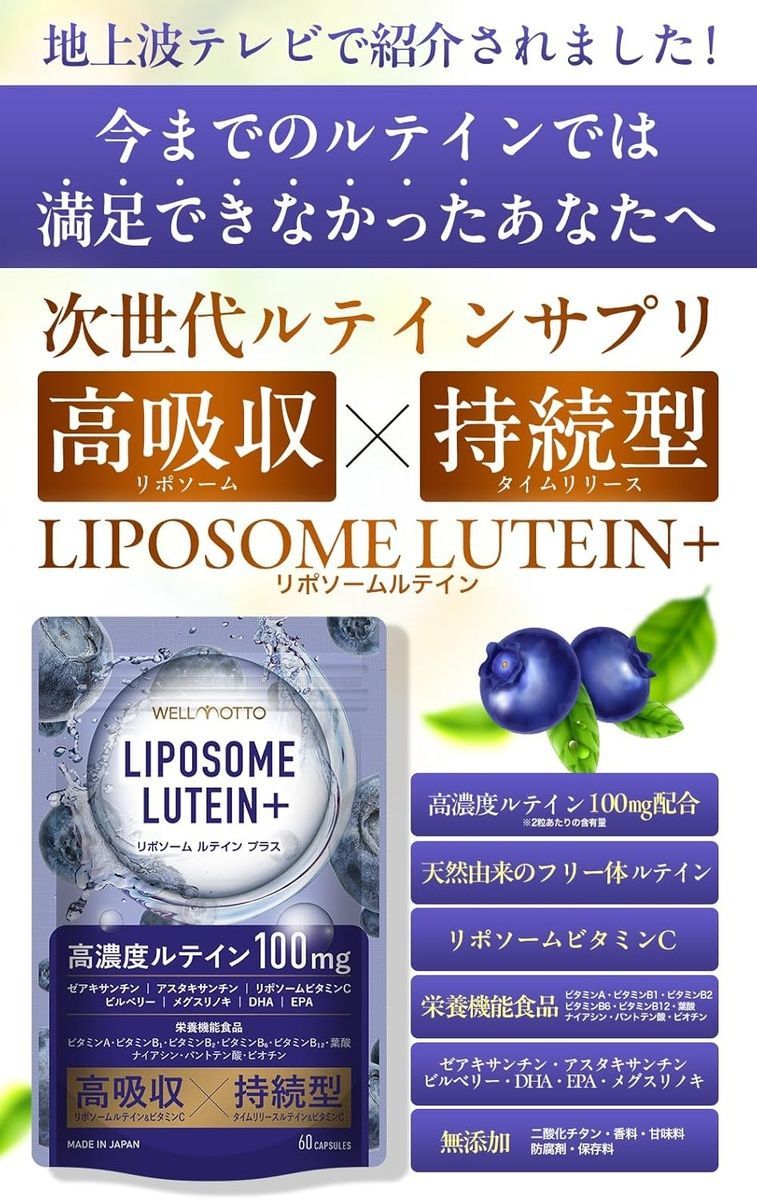 WELLMOTO Липосомальная лютеиновая добавка для зрения LIPOSOME LUTEIN+ 60 шт на 30 дней - JapanTrading