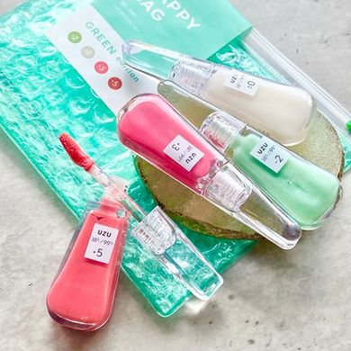 UZU BY FLOWFUSHI Набір з 4 засобів для губ "Сумочка щастя" HAPPY BAG GREEN edition Lip Treatment collection 4 шт. 367065 JapanTrading