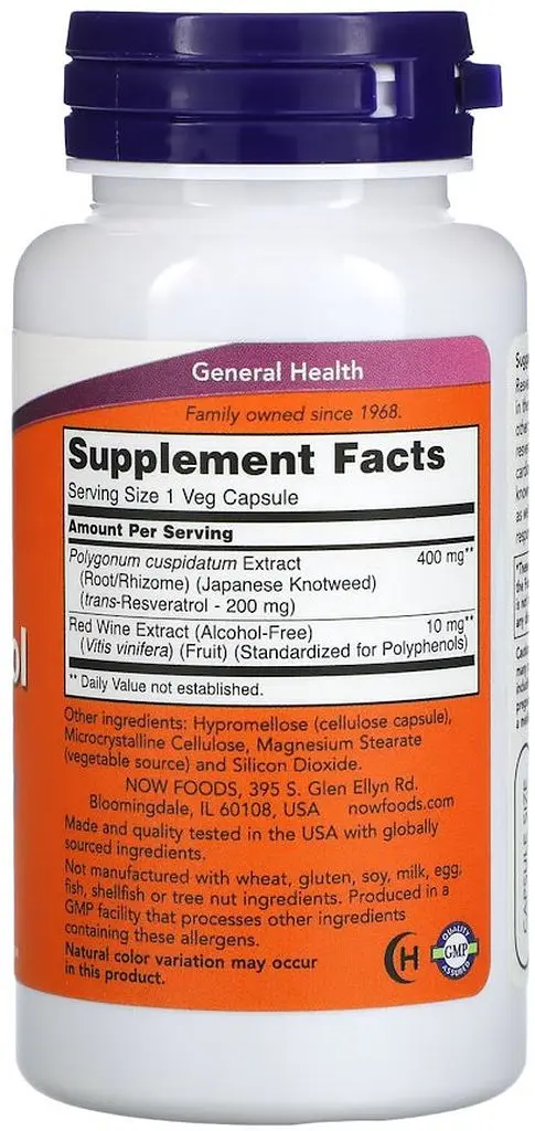 Now Foods Натуральный ресвератрол Natural Resveratrol 200 мг, 60 капсул - JapanTrading