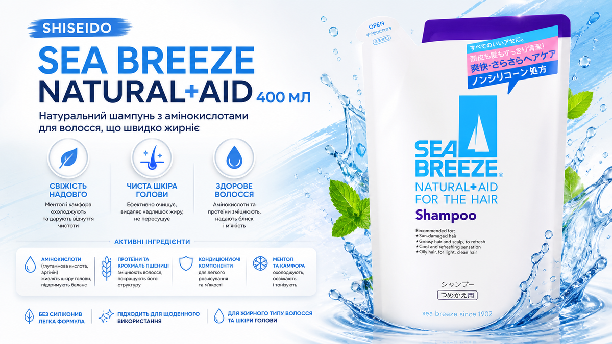 Shiseido Натуральный шампунь с аминокислотами для быстро жирнеющих волос Sea Breeze Natural+Aid 400 мл - JapanTrading