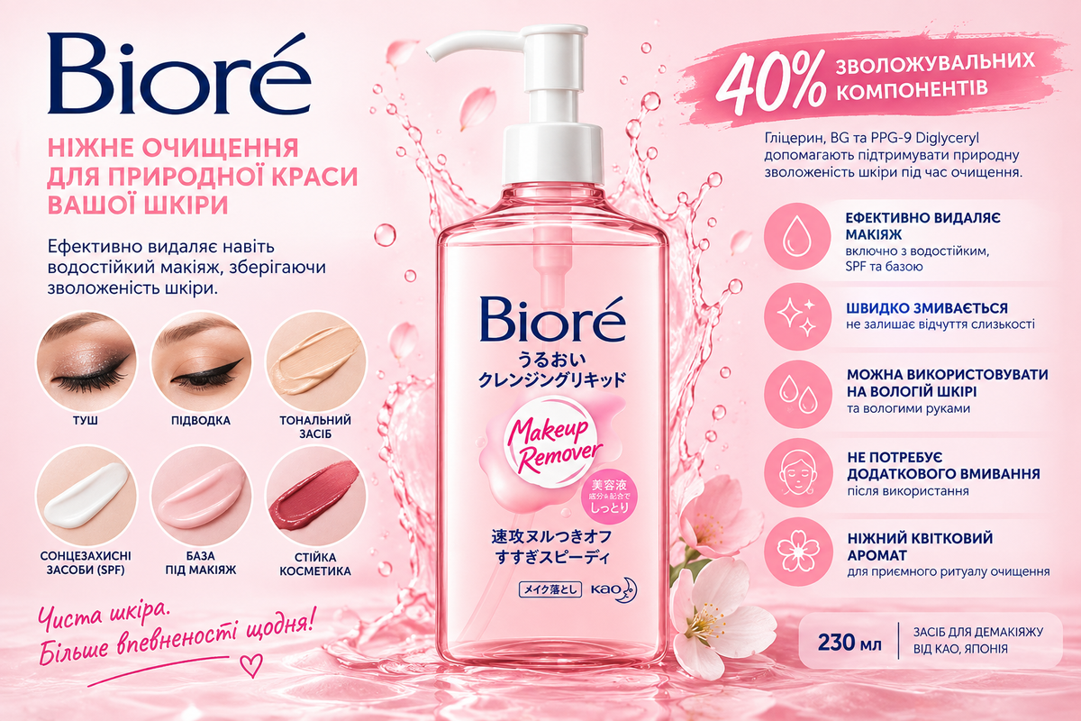 Biore Зволожуючий засіб для зняття макіяжу Makeup Remover Moisturizing Cleansing Liquid (230 мл) - JapanTrading