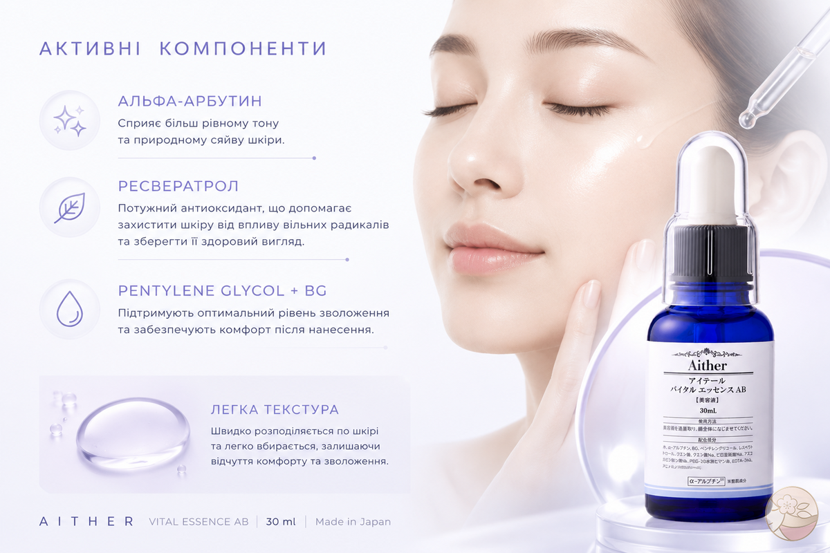 AXXZIA Aither Профессиональная высококонцентрированная сыворотка для сияния кожи с альфа-арбутином Vital Essence AB, 30 мл - JapanTrading