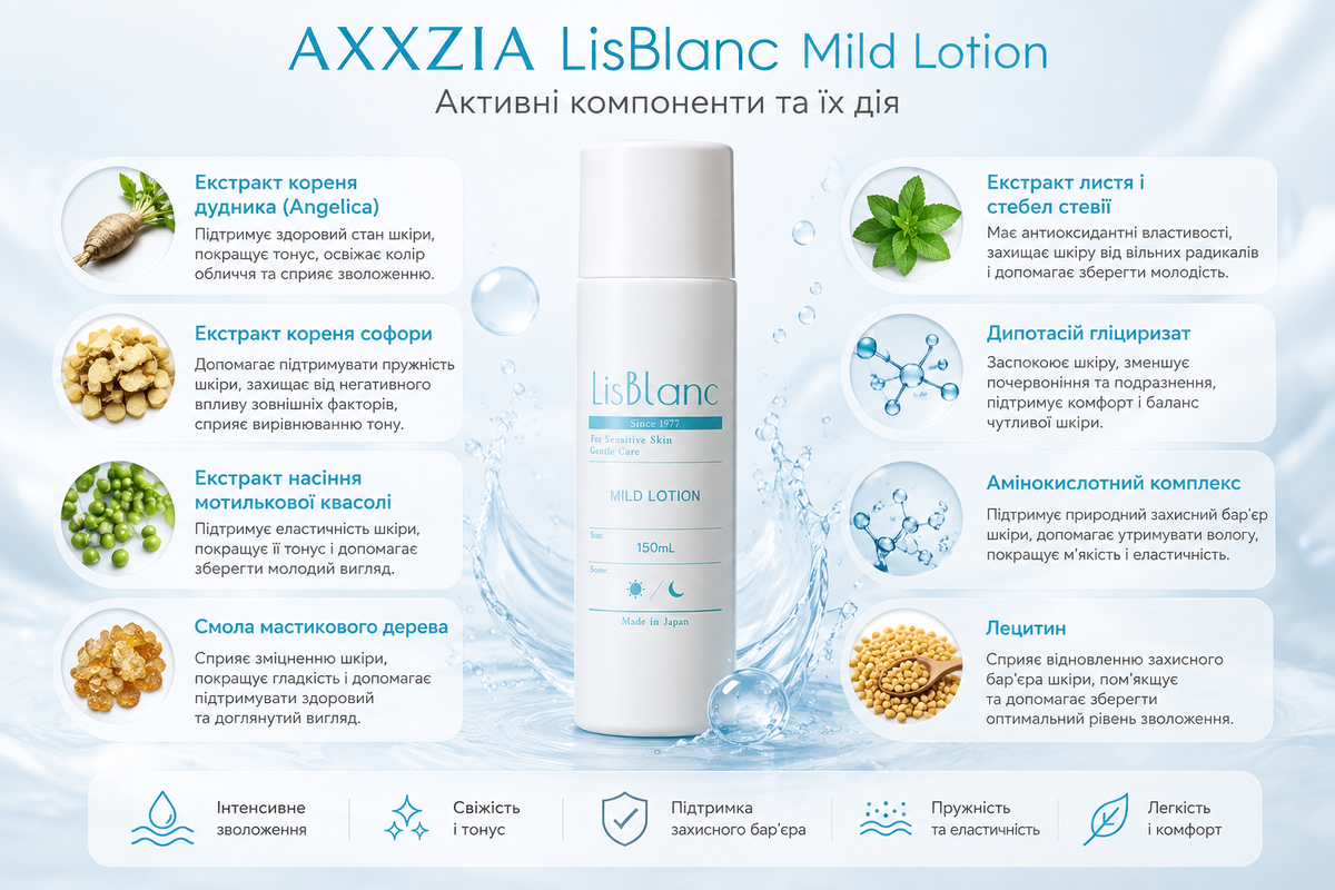 AXXZIA LisBlanc Зволожувальний лосьйон для обличчя Mild Lotion, 150 мл   - JapanTrading