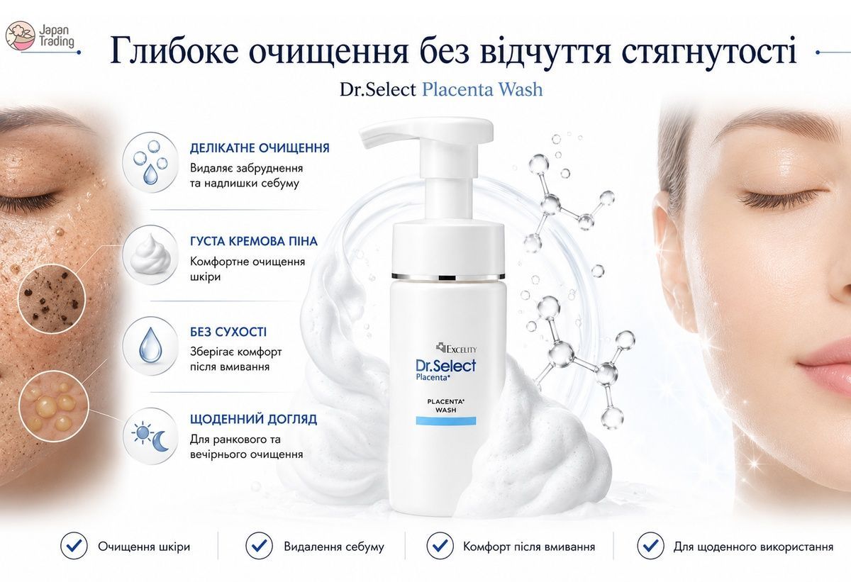 Dr.Select Пінка для вмивання з плацентою Placenta Wash, 150 мл - JapanTrading